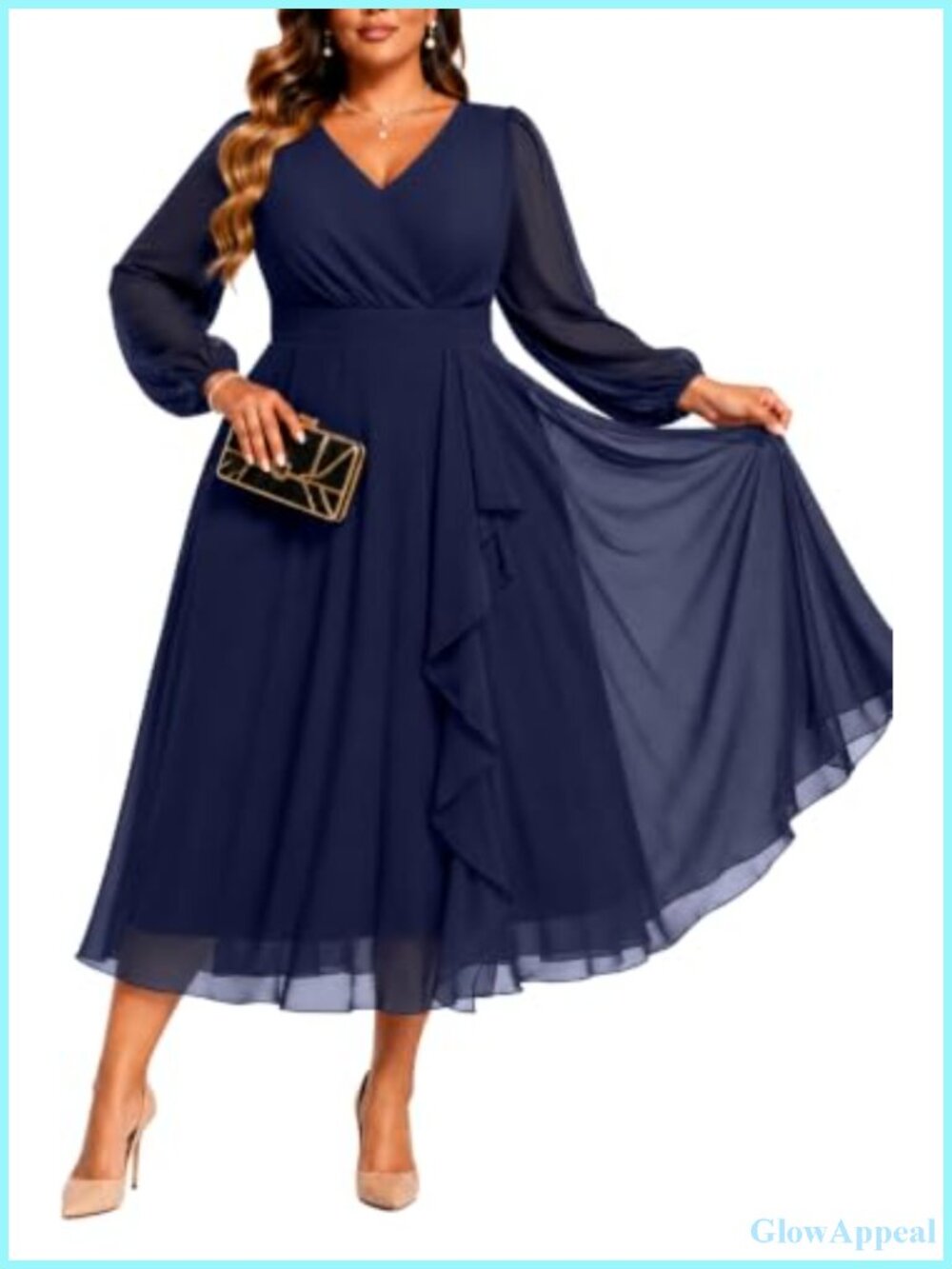 Plus Size Chiffon Midi A-line Formal Dress Wrap V-neck Long Sleeve
